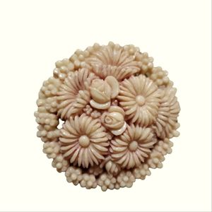 1930's Carved Cellulouid Crysantheum Pin Brooch Peach Pierced Beauty